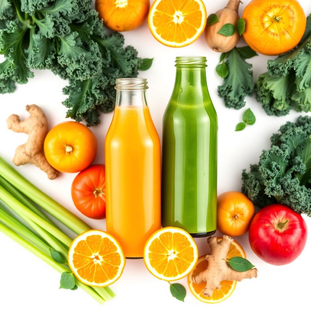 Fresh orange and green juices with produce