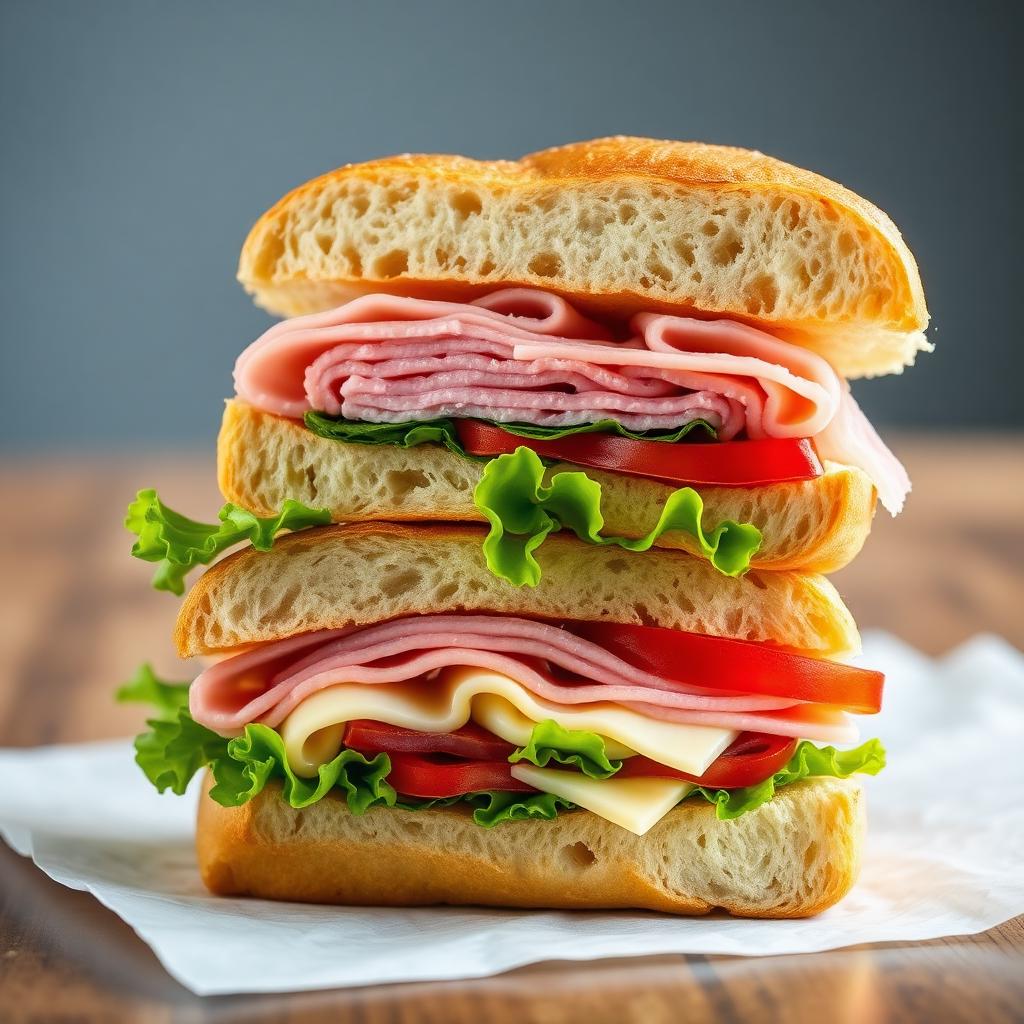 Stacked deli sandwich with ham and cheese